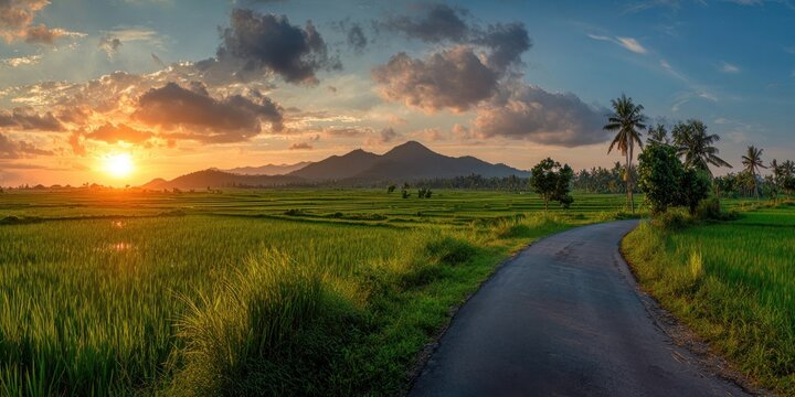 Sunset over rural road passing fields and mountain range scenic landscape