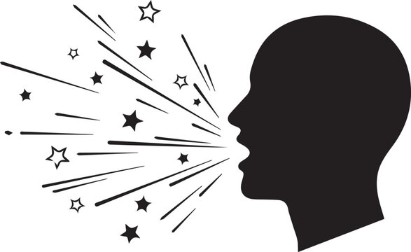 Black silhouette of a human head in profile with an open mouth, emitting a burst of solid and outlined stars, and radiating straight lines on a white background