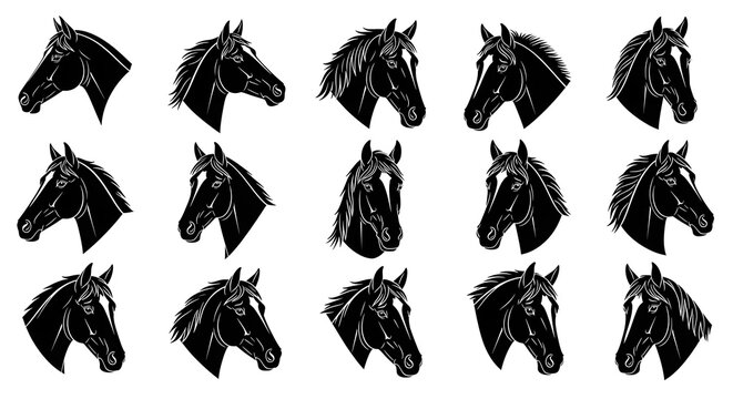 Collection of Black Horse Head Silhouettes on White Background.