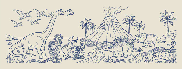 prehistoric dinosaur landscape illustration, jurassic world volcano scene, hand drawn t-rex palm trees, ancient nature environment graphics, creative dino era sketchy art, decorative primitive world b © Geetaroy