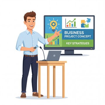 Young smiling man cartoon character doing presentation of BPC