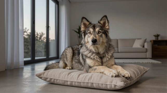 A majestic German Shepherd with wolf-like features sits attentively on a plush cushion in a bright and airy modern living room, its calm eyes fixed intently on the viewer.