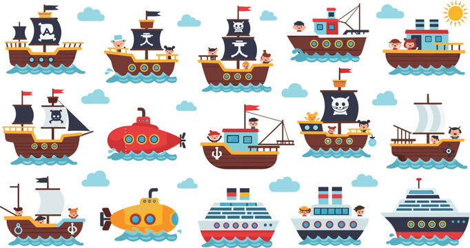 Flat vector illustration set of pirate ships submarines and cruise boats with cute cartoon characters sailing on ocean waves for children nursery and nautical design