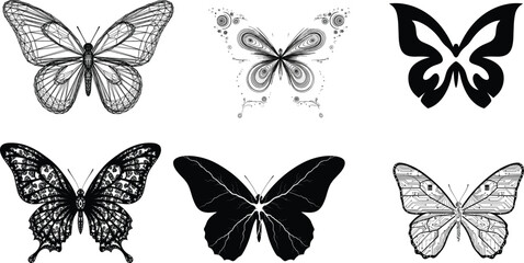 Obraz premium A black and white pattern featuring numerous butterflies in various sizes and orientations creating a delicate design