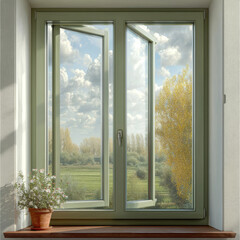 Fototapeta premium Open window with green frame, clear glass, wooden sill, potted plant, and scenic view of trees and cloudy sky outside