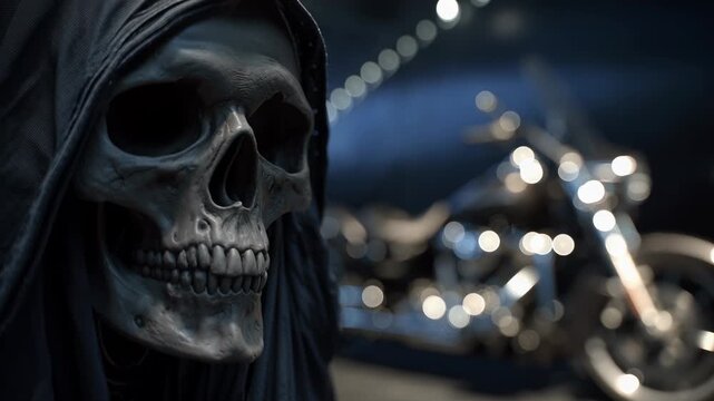 A mysterious skull figure in a dark location stands beside a gleaming motorcycle. The striking contrast creates an edgy aesthetic, blending elements of life and death artfully.