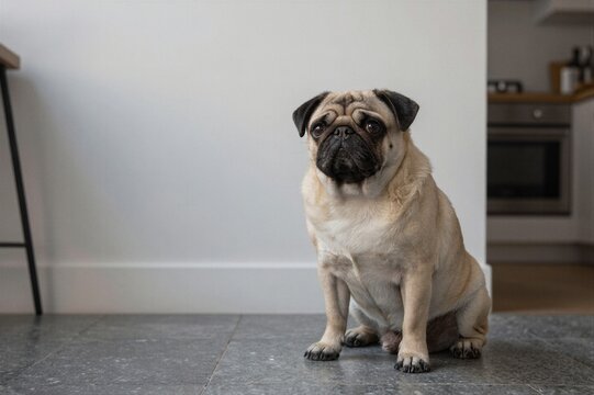 A pug dog sits calmly on a kitchen floor with its front paws tucked under its body, gazing up at a white wall adorned with horizontal stripes in the warm glow of morning light.