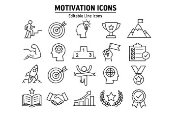 Motivation Line Icons Set – Goal Achievement, Success, Leadership, Growth Outline Vector Icons