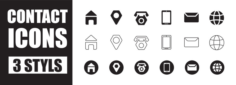 Contact Icons Set Communication Symbols Collection in Three Styles Vector