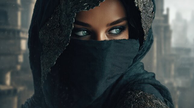 Woman with veiled face and piercing eyes in cinematic studio portraiture