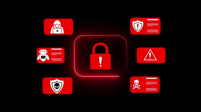 Cybersecurity alert concept showing system warning symbols in browser window interface, representing hacking threats, data breaches ,a secure Digital Environment and Internet Safety.4k black animation
