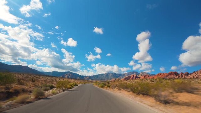 Red Rock Canyon Scenic Drive Loop POV 4K Sunny Day Dramatic Clouds Nevada