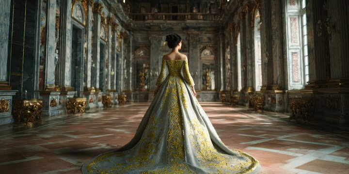Woman in elegant gown in palatial hall illuminated by sunlight