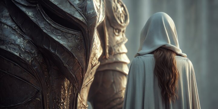 Woman in hooded cloak faces large metallic structure with soft lighting
