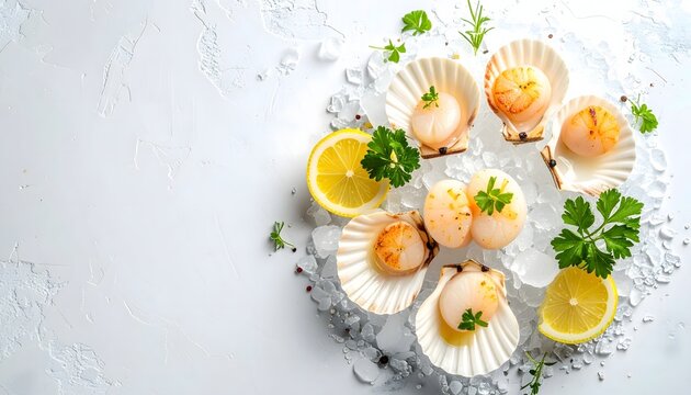 Gourmet seafood platter featuring fresh scallops served with lemon slices and parsley on ice