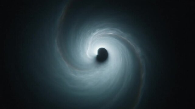Abstract swirling cosmic nebula with a dark gravitational singularity at its center in deep space