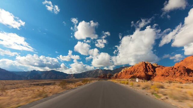 Red Rock Canyon Scenic Drive Loop POV 4K Sunny Day Dramatic Clouds Nevada