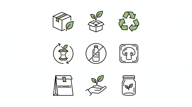 A collection of minimalist line icons representing sustainability, eco-friendliness, recycling, and natural products.
