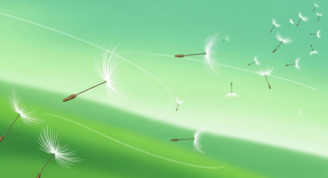 Abstract nature landscape featuring a dandelion seed head in a green grass meadow with a wind turbine under a blue sky to represent sustainable summer energy and alternative power