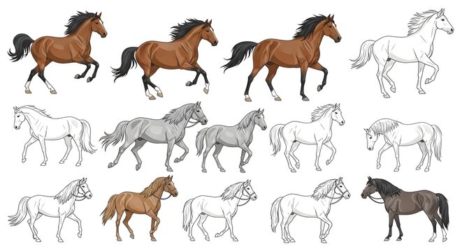 Collection of Horse Illustrations and Silhouettes in Various Poses.