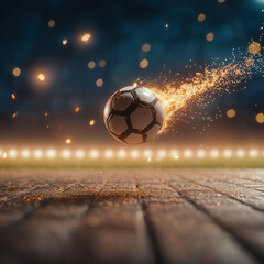 Fototapeta premium Soccer ball fire flying night stadium energy dynamic motion spark dramatic illuminated field competition excitement action