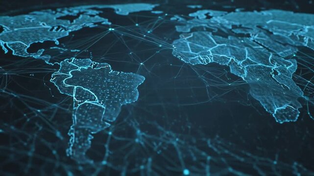 Global network connections and digital technology concept, abstract world map with glowing lines and nodes representing data flow and communication across the globe