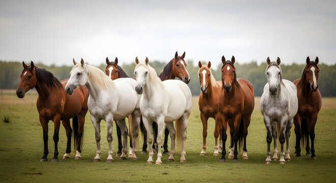 Herd of Horses Standing in a Field Under a Cloudy Sky.