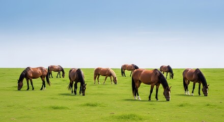 Fototapeta premium Herd of Horses Grazing in a Lush Green Meadow Under a Clear Blue Sky.