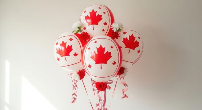 Bunch of white balloons with red maple leaves for canada day with maple leaf