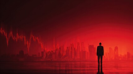 Fototapeta premium Silhouette of a person observing stock market decline against red background