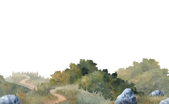 Seamless watercolor grass border with stones and path, hand painted natural illustration. Ideal for backgrounds, landscape compositions, children's design, prints and outdoor themed projects