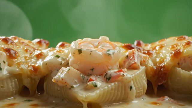 Close Up Macro View Of Delicious Seafood Stuffed Pasta Shells In Creamy Sauce With Melted Cheese Topping With Green Background And Steam Rising For Food Advertising