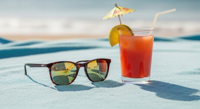 Sunglasses and a refreshing cocktail on a blue towel near the sea