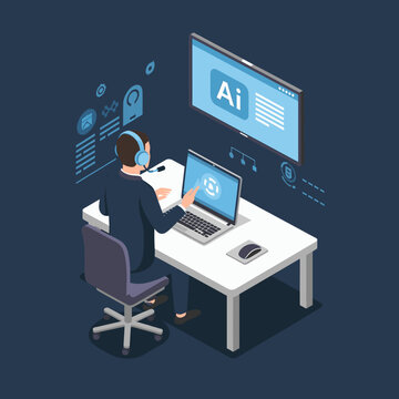 A person wearing a headset sits at a desk, working on a laptop and a large monitor displaying AI-related content, illustrating a modern technological workspace.