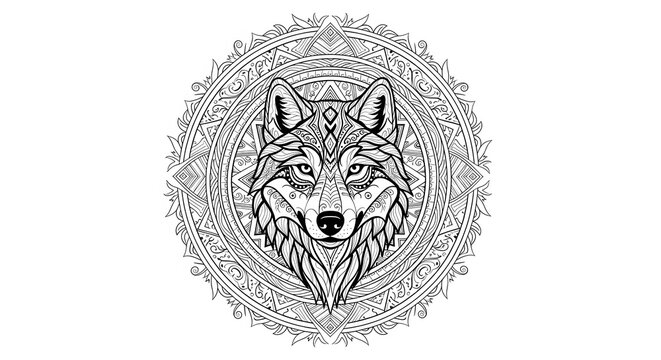 A detailed illustration of a wolf's face in a circular mandala design