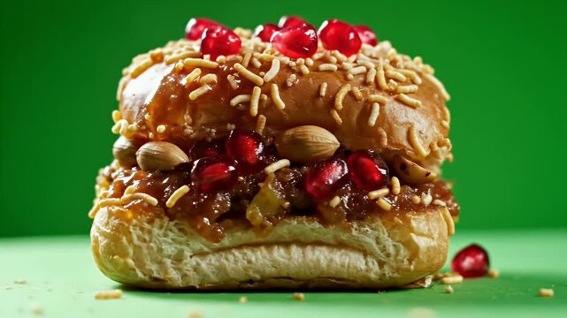 Close Up Of Delicious Indian Dabeli Sandwich With Pomegranate Seeds And Nuts On A Green Background With Steam Rising Cinematic Food Commercial