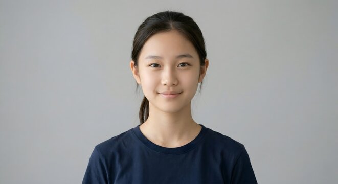 Portrait of a beautiful 16-year-old East Asian teenage girl with a gentle smile, tied hair, looking at camera, grey background, stock photography.