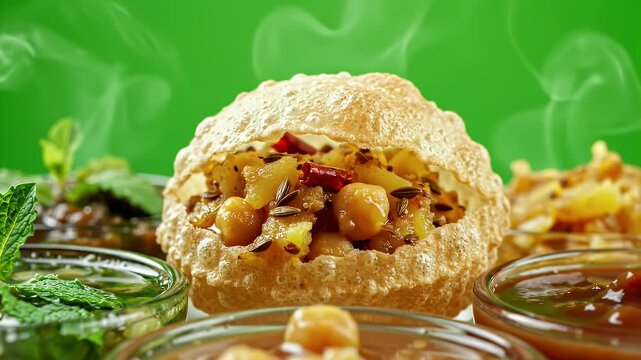 Close Up Of Delicious Indian Pani Puri Chaat Street Food With Various Chutneys And Fillings On A Vibrant Green Background Steam Wisps Visible