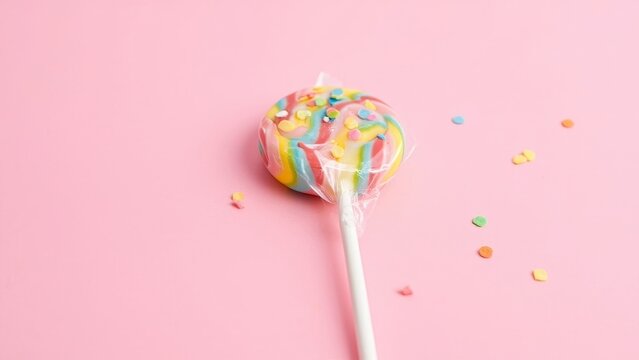 Multicolored, round lollipop candy with white wrapper and sprinkles on a pink surface.