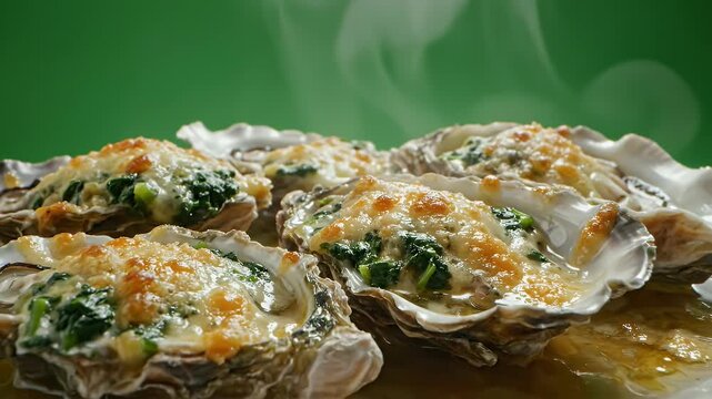 Close up of gourmet oysters Rockefeller baked with cheese and greens presented on a white plate with steam rising against a vibrant green background in a cinematic food commercial style