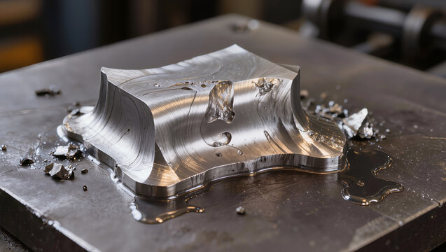 Close-up of heavy steel workpiece with oil drops on metal surface. Industrial concept of metalworking, metal casting, and heavy industry manufacturing materials