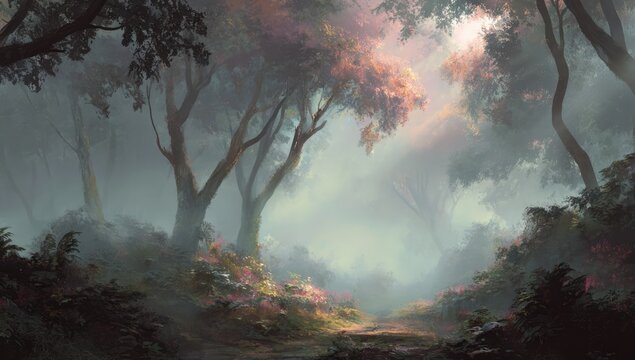 Enchanted Forest Path Bathed in Ethereal Morning Mist.