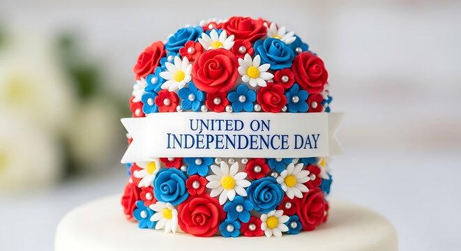 Independence day cake decorated with red, white, and blue flowers, fourth of jul