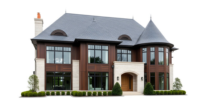 A large luxurious house with a gray roof and brown walls against a black background