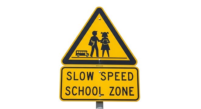 School zone traffic sign indicating reduced speed limit with children and bus