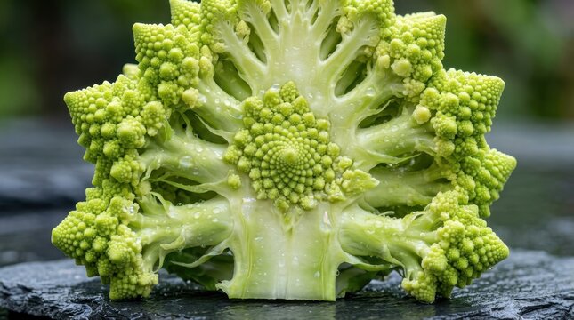 A macro photograph of a fresh cross-section of a Romanesco broccoli floret revealing its fractal spiral geometry, the self-similar logarithmic spiral cones of the individual buds