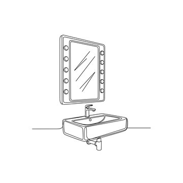 Wall-mounted sink with illuminated mirror line drawing in minimalist style