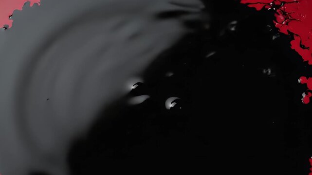 Pouring black glossy liquid creating splashes on vibrant red
