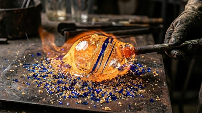 A macro close-up of traditional Murano glassblowing at the moment of color application, a hot gather of clear molten glass being rolled across a metal marver plate covered in