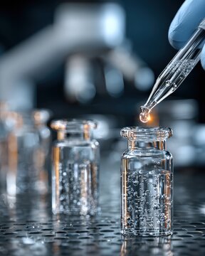 Closeup Vials And Pipette Transferring Liquid On Reflective Surface, Sterile Environment, Tiny Droplets Forming, Bokeh Lab Background, Pharmaceutical Development, Quality Control Process, Meticulous